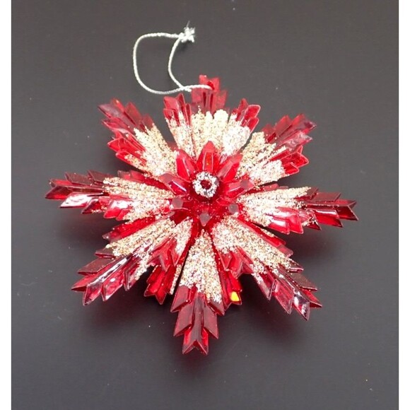 Vintage Ruby Red Gold Glitter Holiday Red 3D Snowflake Christmas Ornament 4.5" - Picture 3 of 9
